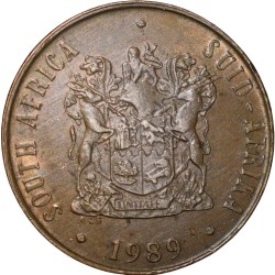 Alternative view of Bronze 2 Cents of South Africa (AD 1989) with Wildebeest bucking left