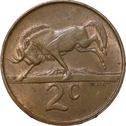 Bronze 2 Cents of South Africa (AD 1989) with Wildebeest bucking left