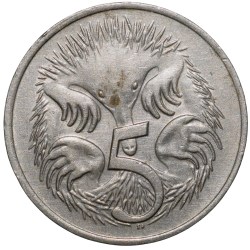 Nickel 5 Cents of Elizabeth II (AD 1976) from Australia with An Echidna (Ant Eater)