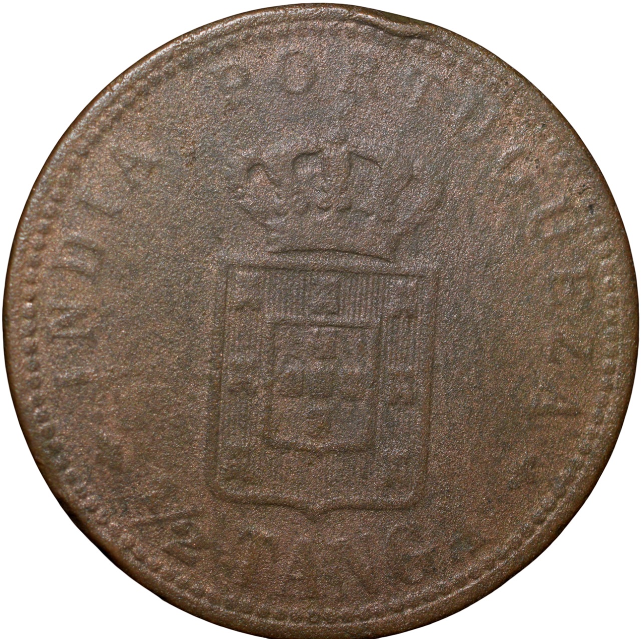 Copper 1/2 Tanga of Carlos I(AD 1901) of Indo-Portugal KM 16 Scarce Large Size - Image 2