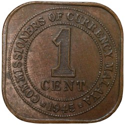 Alternative view of Bronze 1 Cent of George VI (AD 1945) from Malaya British Commonwealth