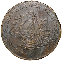 Alternative view of Brass Medal of James Cook from Germany (19th Cen. AD) with Ship