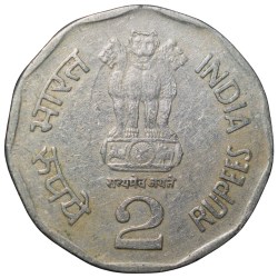 Alternative view of Copper-Nickel 2 Rupees of Republic India - Commemorative issue Sir Aurobindo All Life Yoga (AD 1998) Bombay Mint
