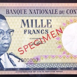 Congo Democratic Republic Banknote Specimen 1000 Francs 1 8 64 P8s Specimen UNC Unique and Rare