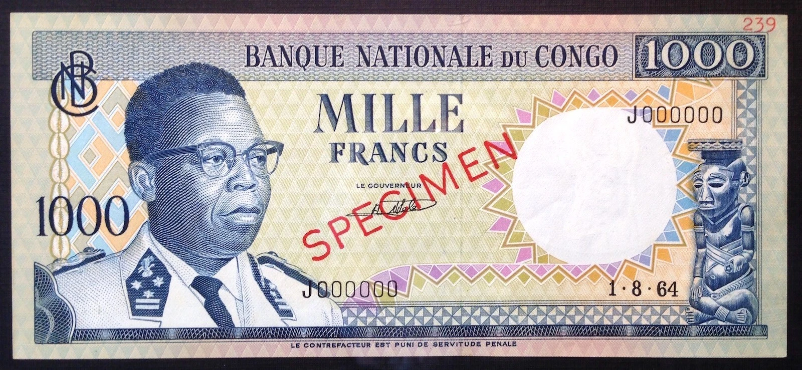Congo Democratic Republic Banknote Specimen 1000 Francs 1 8 64 P8s Specimen UNC Unique and Rare