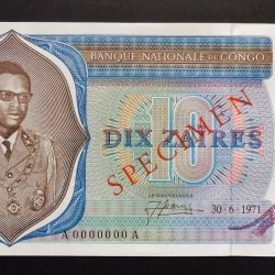 Congo Democratic Republic 10 Zaires Specimen 30 6 1971 Pick 15 s UNC Uncirculated Ref 3 World Banknote Specimen Unique and Rare
