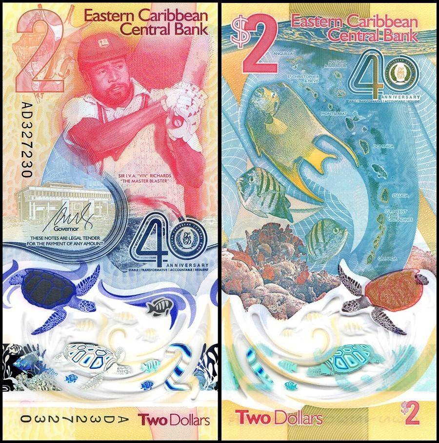 East Caribbean States 2 Dollars Banknote 2023 P61 UNC Commemorative Polymer 40th Anniversary of Eastern Caribbean Central Bank (1983-2023)