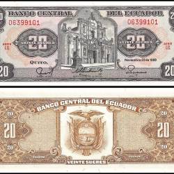 Ecuador 20 Sucres World Banknote 1988 P121Aa7 UNC Series LS Unique and Rare