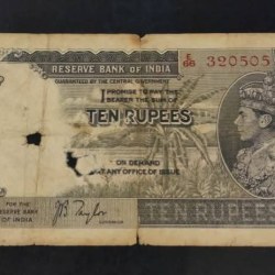 RARE BRITISH INDIA. 10₹ GOVERNOR. J. B. TAYLOR KING👑🔱🏰 GEORGE VI SIDE FACE & BACK 2 🐘ELEPHANTS Condition AS IMAGES Same and similar piece available