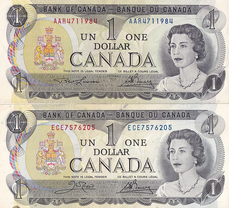 Canada 1 Dollar 1973 Two Different Deputy Governer Signature Set Rare #2