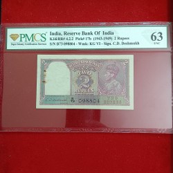 Extremely Rare Two Ruppes King George Note Governor CD Deshmukh Graded Note 63 Grade Unc Condition 098804