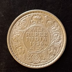 Silver British India King and emperor George VII denominaton 1/2₹ Year 1936 Full silver Same and similar piece available
