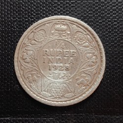 Alternative view of British India silver coin George V 1/4 Rupees Year 1928 Condition as image. Same and similar piece available