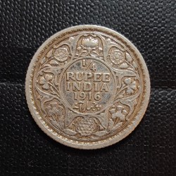 Alternative view of British India silver coin George V 1/4 Rupees Year 1916 Condition as image. Same and similar piece available