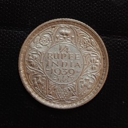 Alternative view of British India silver coin George VI 1/4 Rupees Year 1939 Condition as image. Same and similar piece available