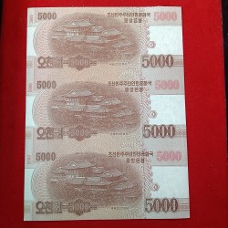 Alternative view of Extremely Rare North Korea 5000 Won Uncut Note Sheet Gem Bunc Condition