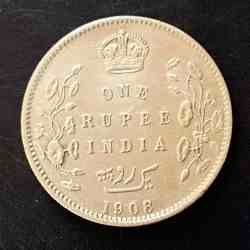 Alternative view of Silver British India King and emperor Edward VII Denominaton 1₹ 1908 Same and similar piece available