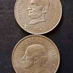 Alternative view of Republic India Denominaton 1 ₹ Backside of Mahatma Gandhi and Jawaharlal Nehru Metal copper nickel Same and similar piece available