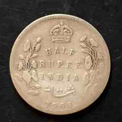 Alternative view of Silver British India King and emperor Edward VII Denominaton 1/2₹ Year 1908 Same and similar piece available