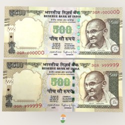 Rs 500 India Banknote Telescope Rare Issue 999999 and 1000000 Gem Unc Unique and Rare Raghuram Rajan Issue
