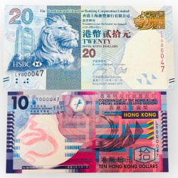Hongkong 10 And 20 Dollar Banknote Low Serial 000047 Twin Unique Collectible Quality Banknote Rare