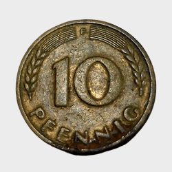 Alternative view of GERMANY Brass 10 PFENNING Year 1950 in Collectable Grade.