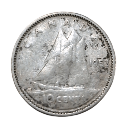 Alternative view of CANADA Silver 10 CENTS Year 1953 Queen ELIZABETH-II in Collectable Grade.