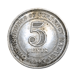 COMMISSIONERS OF CURRENCY "MALAYA" Silver 5 CENTS Year 1945 King GEORGE-VI in High AUNC Grade.