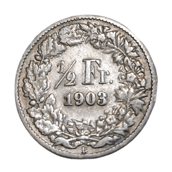 SWITZERLAND Silver 1/2 FRANC Year 1903 "HELVETICA" in Collectable Grade.
