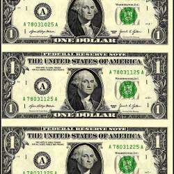 USA 1 Dollars Banknote 2017 Issue B Series Gem UNC 3 Notes UNCUT Sheet Very Unique and Ultra Rare