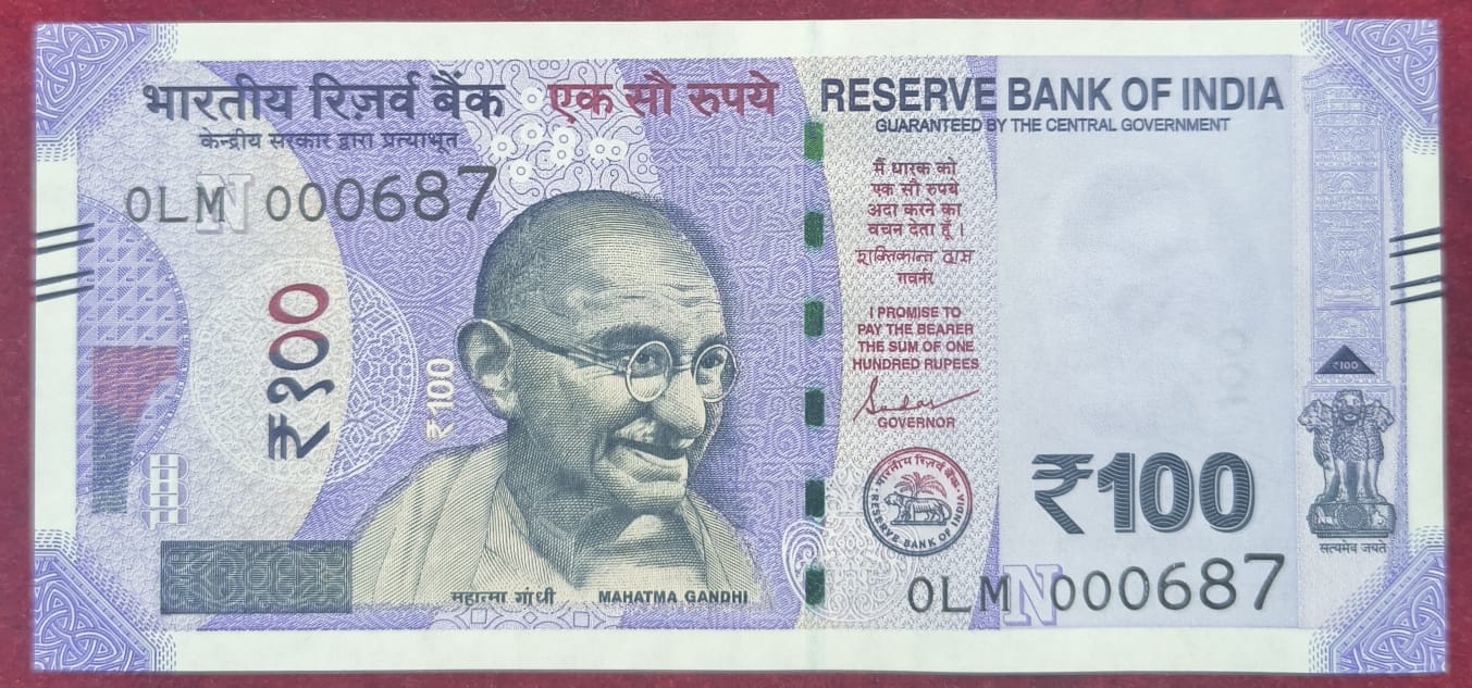 000687 FANCY NUMBER 100 RUPEES GOVERNOR SHAKTIKANT DAS RARE UNC NOTE