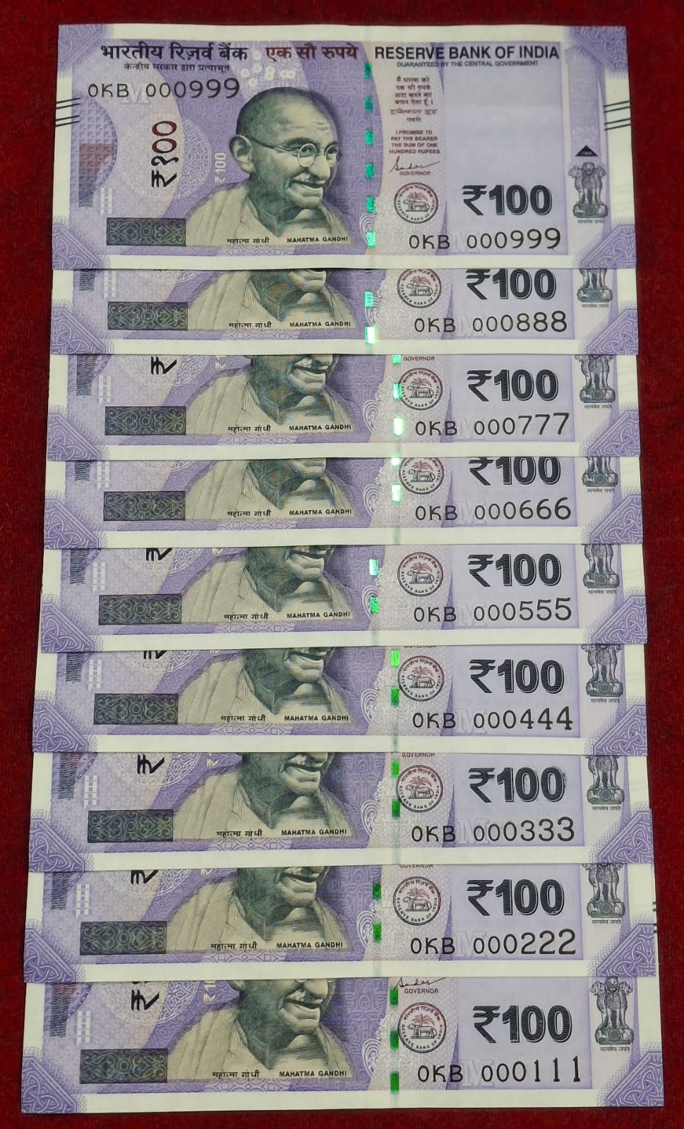 000111 - 000999 ( 9 PCS SET) 100 RUPEES GEM UNC RARE ( 9 NOTE SET)