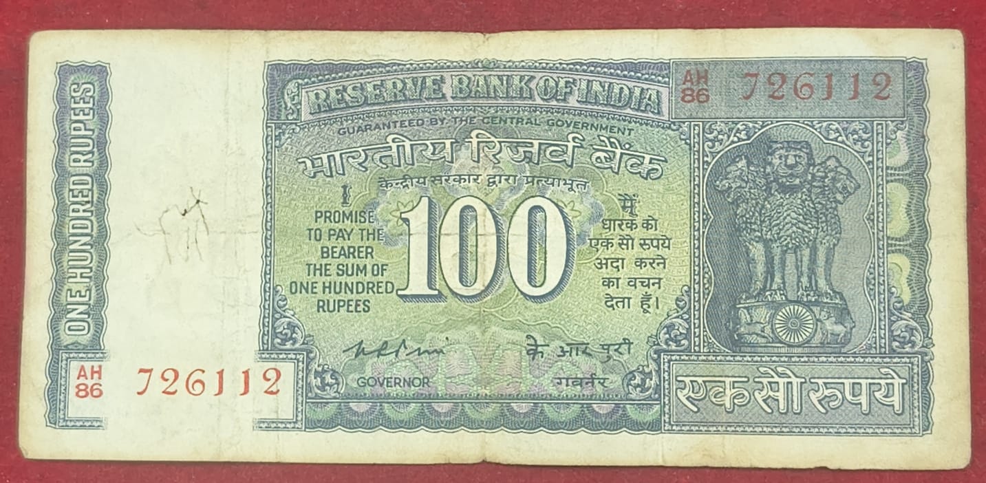 100 RUPEES WHITE PATTI GOVERNOR K.R.PURI RARE NOTE