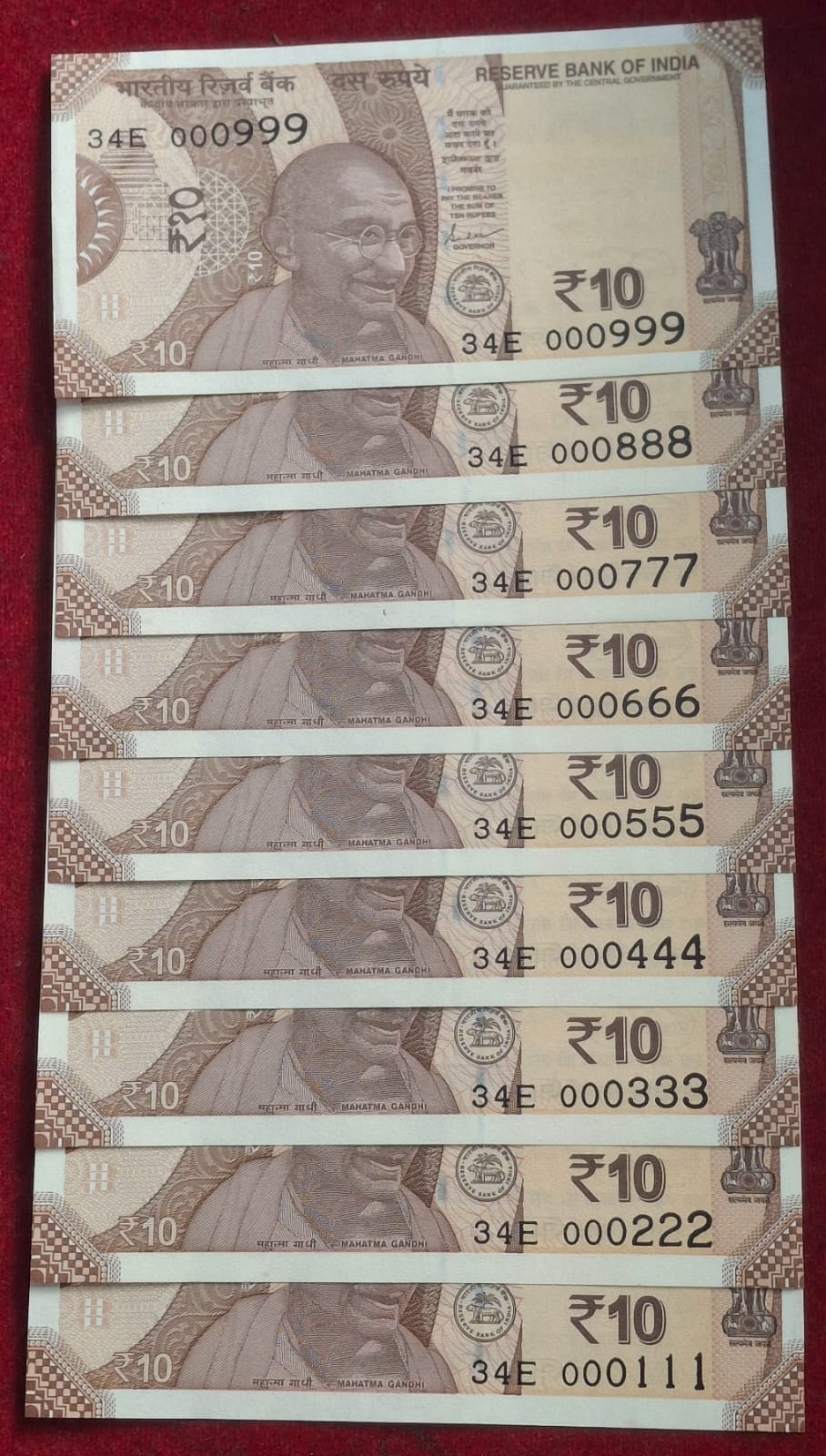 000111 - 000999 ( 9 PCS SET) 10 RUPEES GEM UNC RARE ( 9 NOTE SET)