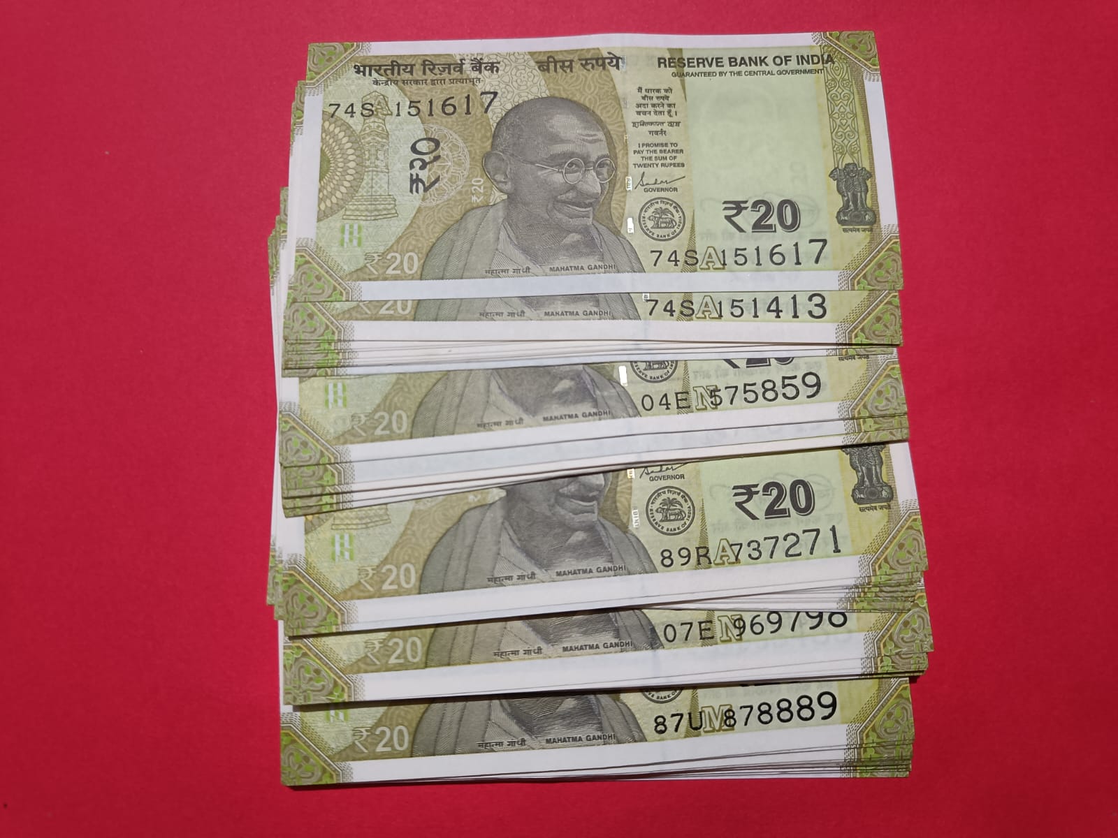 20 Rs Ascending and Descending Number 100 Notes GEM UNC Condition