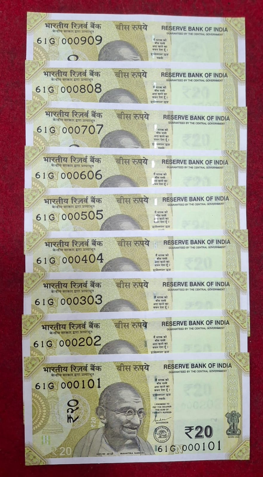 000101 - 000909 FANCY NUMBER (9 PCS SET) 20 RUPEES GEM UNC RARE ( 9 NOTE SET)