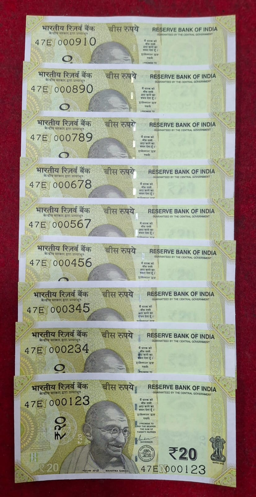 000123 - 000910 FANCY NUMBER (9 PCS SET) 20 RUPEES GEM UNC RARE ( 9 NOTE SET)