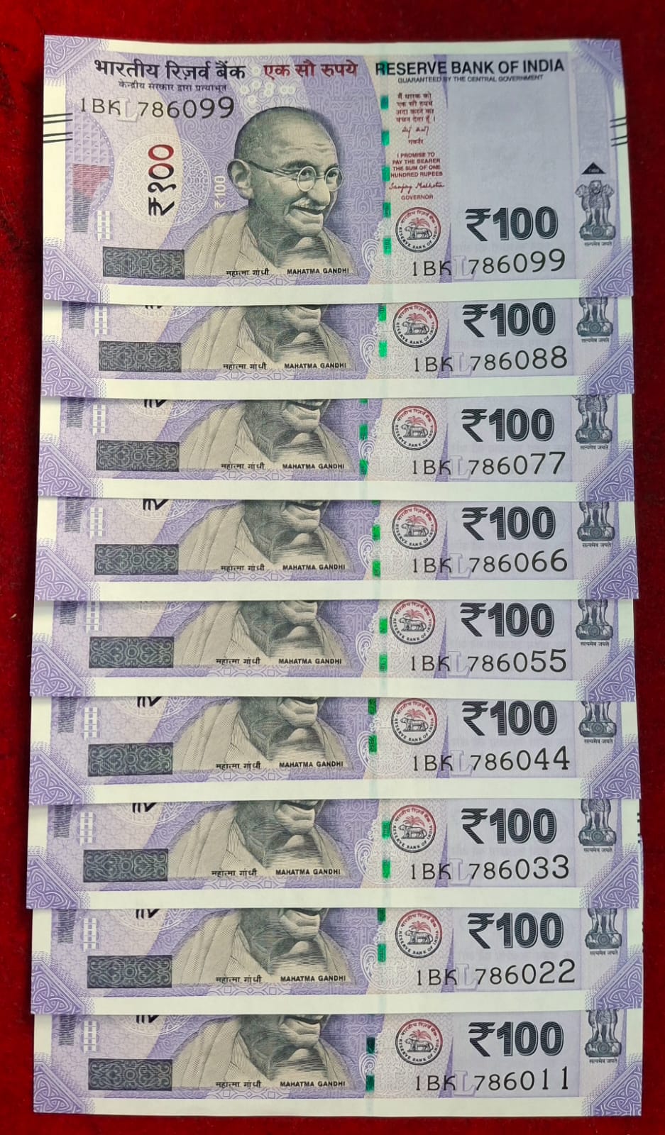 786011 - 786099 ( 9 PCS SET) 100 RUPEES GEM UNC RARE ( 9 NOTE SET)
