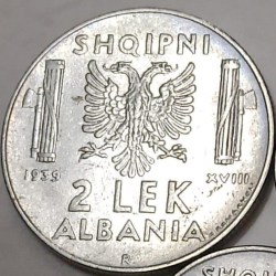 taly – Albania, 2 Lek, 1939, KM #32, Circulated Condition.