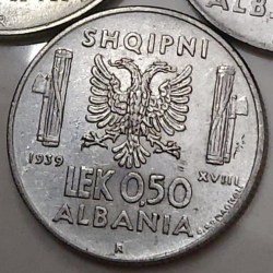 Italy – Albania, 0.50 Lek, 1939, KM #30, Circulated Condition.