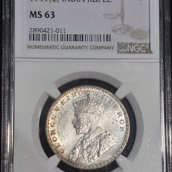 RARE ONE RUPEE 1919 COIN MS 63 NGC GRADED COIN BACK SIDE HIGH TONED COIN GEORGE V KING AND EMPEROR COIN