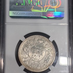Alternative view of RARE ONE RUPEE 1913 MS 62 NGC GRADED COIN GEORGE V KING EMPEROR COIN