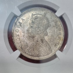 Alternative view of ONE RUPEE 1877(B) UNC DETAIL NGC GRADED COIN VICTORIA EMPRESS