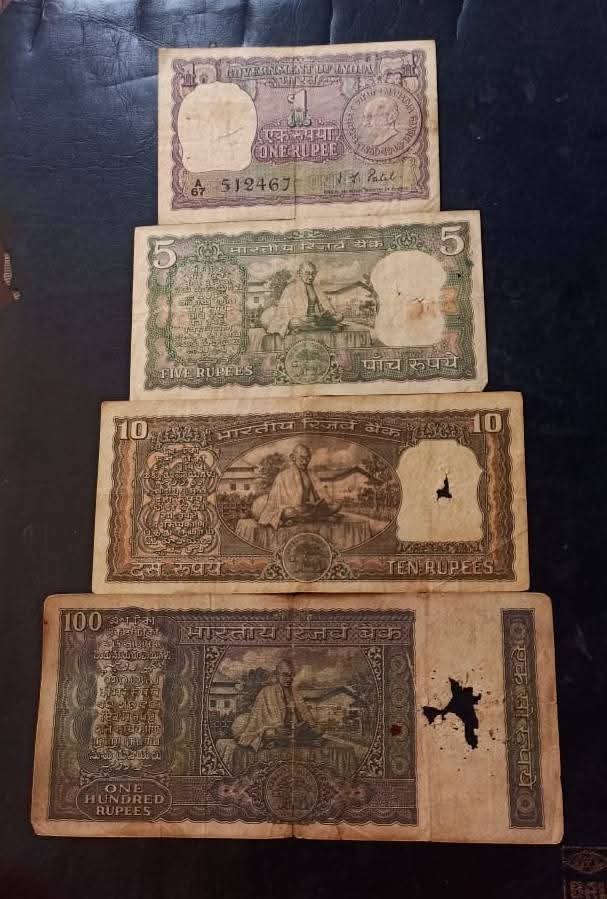 Reserve Bank of India 4. different Note. 1 Rs. &5Rs. & 10Rs. & 100 Rs. Note. Backside Gandhi Condition as image Book on pm. Same and similar piece available