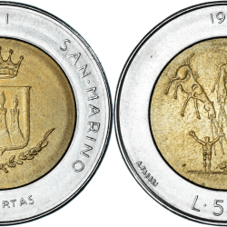 San Marino, 500 Lire, 1983, Threats of nuclear war, KM #153, Bimetal, Circulated Condition.