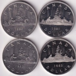 Canada 1 Dollar 1980 to 1983 Four Nickel Unc and Proof Coins Lot