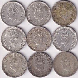 Alternative view of Half Rupee 1940,41,42,43,44,45 Bombay and Lahore Mint Complete Set Mint Wise Silver 9 Coins #2