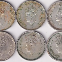 Alternative view of One Rupee 1940,41,42,43,44,45 Six Silver Coins Set Rare #1