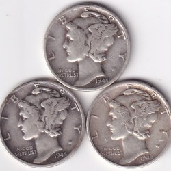 Mercury One Dime 1944 Three Different Silver Mint Coins Lot
