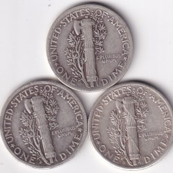 Alternative view of Mercury One Dime 1944 Three Different Silver Mint Coins Lot